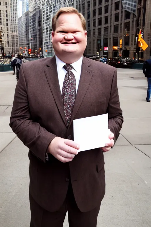 Image similar to andy richter wearing a brown suit and necktie, ultra hd photo, 3 5 mm close up, fish eye, realistic, smiling, standing in the streets of chicago, holding a postcard from chicago