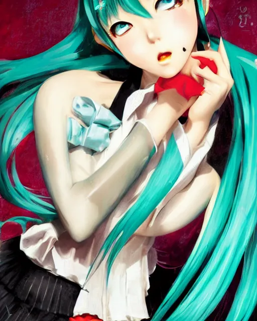 Image similar to hatsune Miku with cute face by Gil Elvgren and Enoch Bolle