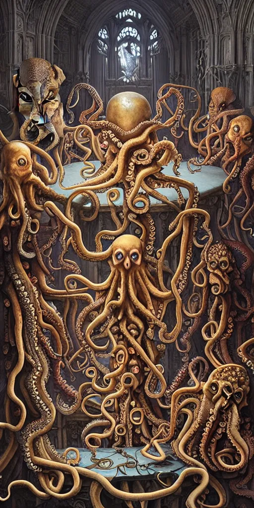 Image similar to group of humans with octopus heads arguing with mages with medusa heads they are sitting near the table in an ancient mage castle with enormous scale, gothic and baroque, brutalist architecture, ultradetailed, Intricate by James Jean and Josan Gonzalez and John Howe and Giuseppe Arcimboldo