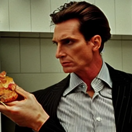 Image similar to patrick bateman eating a double bacon quarterpounder from mcdonalds, and holding a large coke