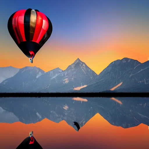 Image similar to photo of two black swans touching heads in a beautiful reflective mountain lake, a colorful hot air balloon is flying above reflecting off water, hot air balloon, intricate, 8k highly professionally detailed, centered, HDR, CGsociety