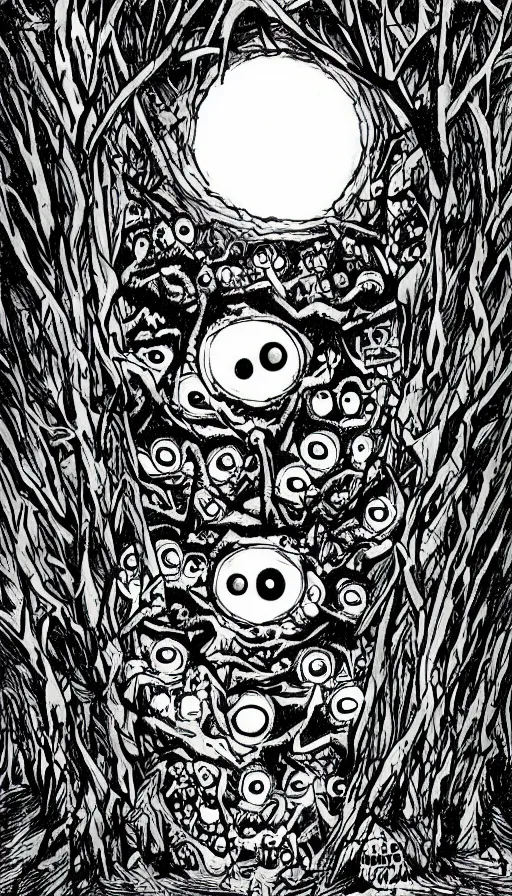 Image similar to a storm vortex made of many demonic eyes and teeth over a forest, by jhonen vasquez