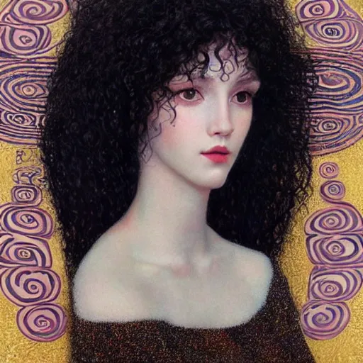 Image similar to a realistic cg rendering, a beautiful girl, long black curly hair, a slightly round face, deep and charming eyes, a touch of blush, a small and exquisite nose, delicate pale pink lips, a symmetrical face, symmetrical eyes, elegant and lovelyin the style of nikolai fechine and klimt