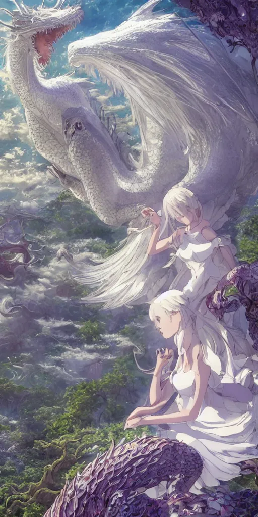 Image similar to the beautiful hyper detailed scene render that a lonely beautiful girl lies in the arms of a huge silver white dragon alone in fairyland surrounded by white clouds, finely detailed angelic face delicate features, style of studio ghibli, makoto shinkai, raphael lacoste, louis comfort tiffany, artgerm, james jean, ross tran, animation style, hd, ultra wide angle