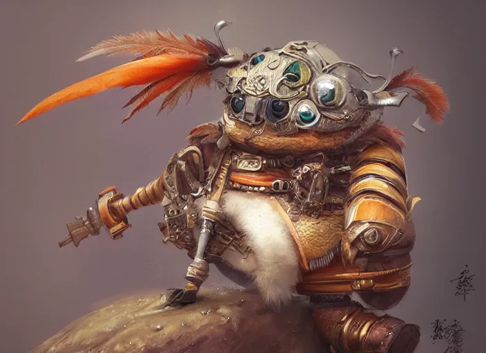 Image similar to ashigaru steampunk feathered mouse, colorful plumage, lacquered armor, polearm glaive, cute but determined, hard focus, art station, by jessica rossier and brian froud, cinematic, orange grey white