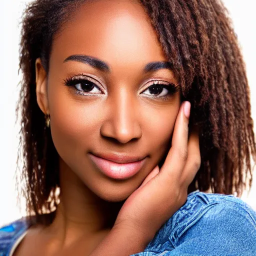 Image similar to a closeup portrait of a black woman with brown hair and brown eyes. Extremely clear and high quality eyes with reflection, realistic face and details, clear lips and high quality