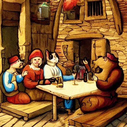 Prompt: Drunken jolly cat patrons in a medieval tavern enjoying the evening | fantasy art