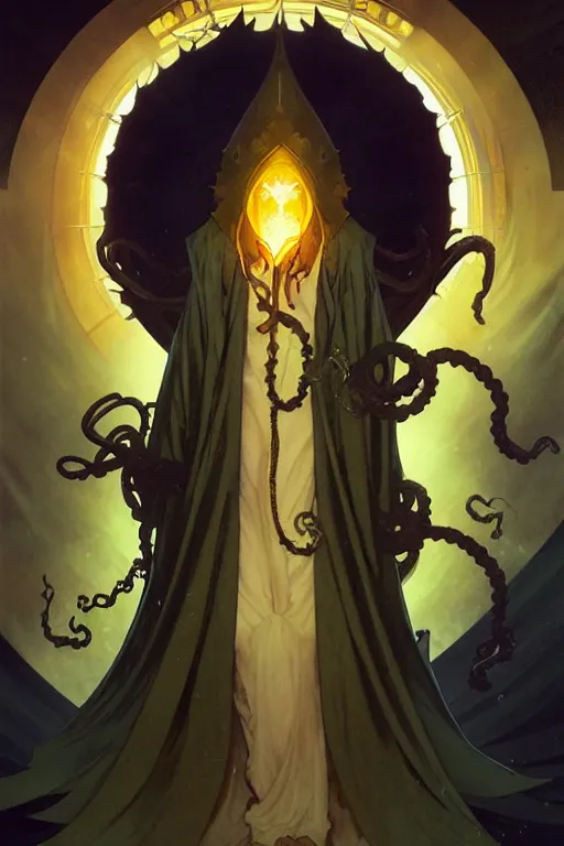 Image similar to A full body portrait of a mysterious character with no face with a very long hooded yellow cloak, a golden crown floating above his head, tentacles coming out the ground art by Artgerm and Greg Rutkowski and Alphonse Mucha and Craig Mullins and James Jean and Andrei Riabovitchev and Marc Simonetti and peter mohrbacher, sharp focus, ominous, cosmic horror, trending on artstation, Ultra detailed, hyper realistic 4k