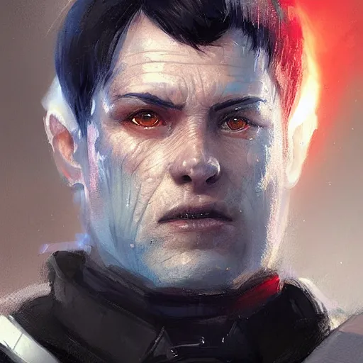 Image similar to portrait of a man by greg rutkowski, blue skin, red eyes, short black hair in military style, tall, star wars expanded, universe, he is about 5 0 years old, wearing white colored imperial admiral uniform, artstation hq