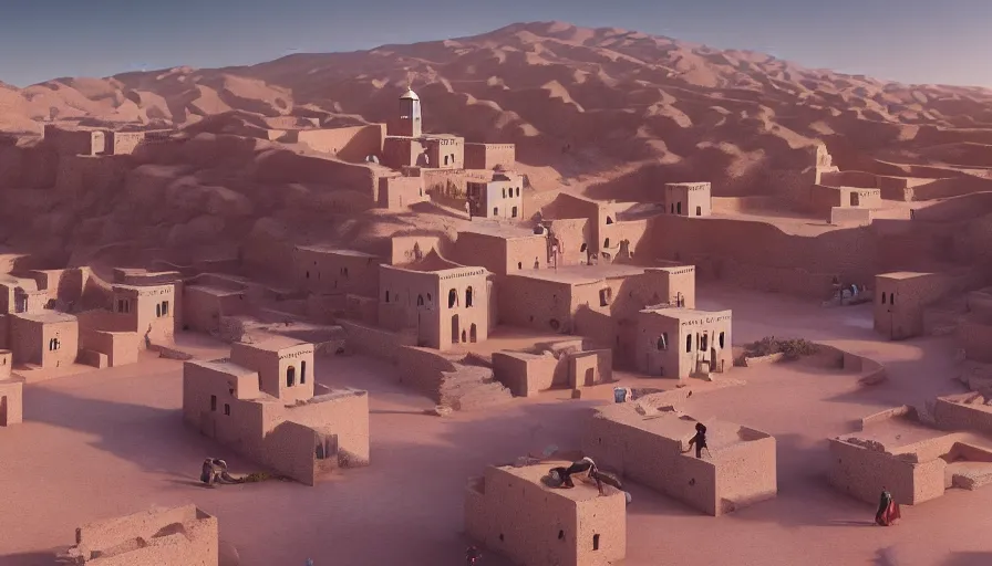 Prompt: very very small moroccan village, sitting on a gigantic desert by ilya kuvshinov, rtx rendering, octane render 1 2 8 k, maya, extreme high intricate details by tom bagshaw, medium shot, close up shot, composition by sana takeda, lighting by greg rutkowski