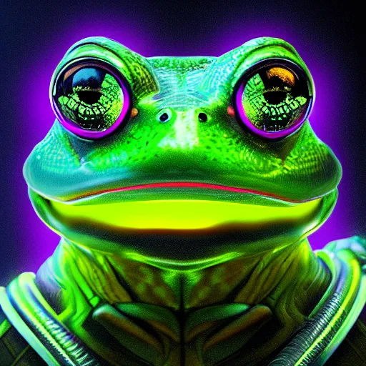 Prompt: illuminated cyber frog, vivid colors, high details, cinematic, 8k resolution, beautiful detailed, photorealistic, digital painting, artstation, concept art, smooth, sharp focus, illustration, fantasy background, artstation trending, octane render, unreal engine