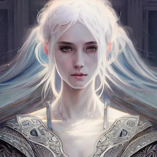 Image similar to portrait white hair knights of Zodiac girl, Sliver ice color reflected armor, in ruined Agora of Athens Sunrise, ssci-fi and fantasy, intricate and very very beautiful and elegant, highly detailed, digital painting, artstation, concept art, smooth and sharp focus, illustration, art by tian zi and WLOP and alphonse mucha