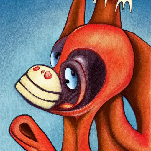 Image similar to cartoon vampire ant with big teeth, painted in the style of a cozy mystery book cover