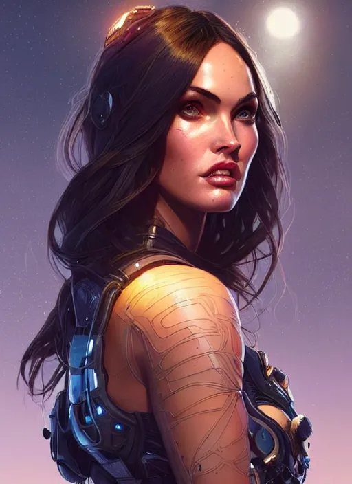 Image similar to portrait of apex legends megan fox, intricate, elegant, glowing lights, highly detailed, digital painting, artstation, glamor pose, concept art, smooth, sharp focus, illustration, art by artgerm and greg rutkowski, artey freytag