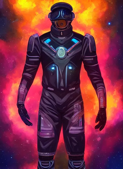 Image similar to cinematic medium shot of handsome black man in an advanced spacesuit in front of exploding nebulae halos, digital illustration trending on artstation by artgerm and rutkowski