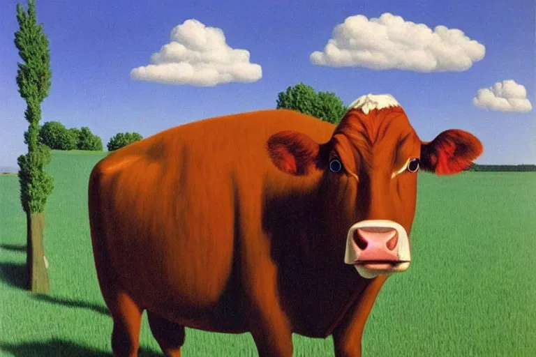 Prompt: 'Wherever you go, a cow is always watching you', painting by René Magritte