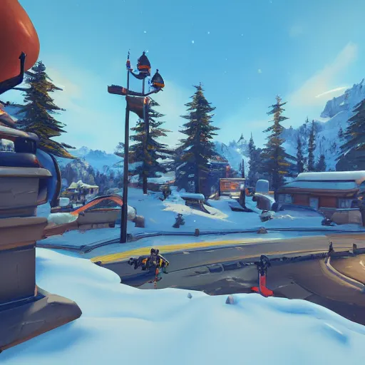 Prompt: Screenshot from Overwatch, at a ski resort