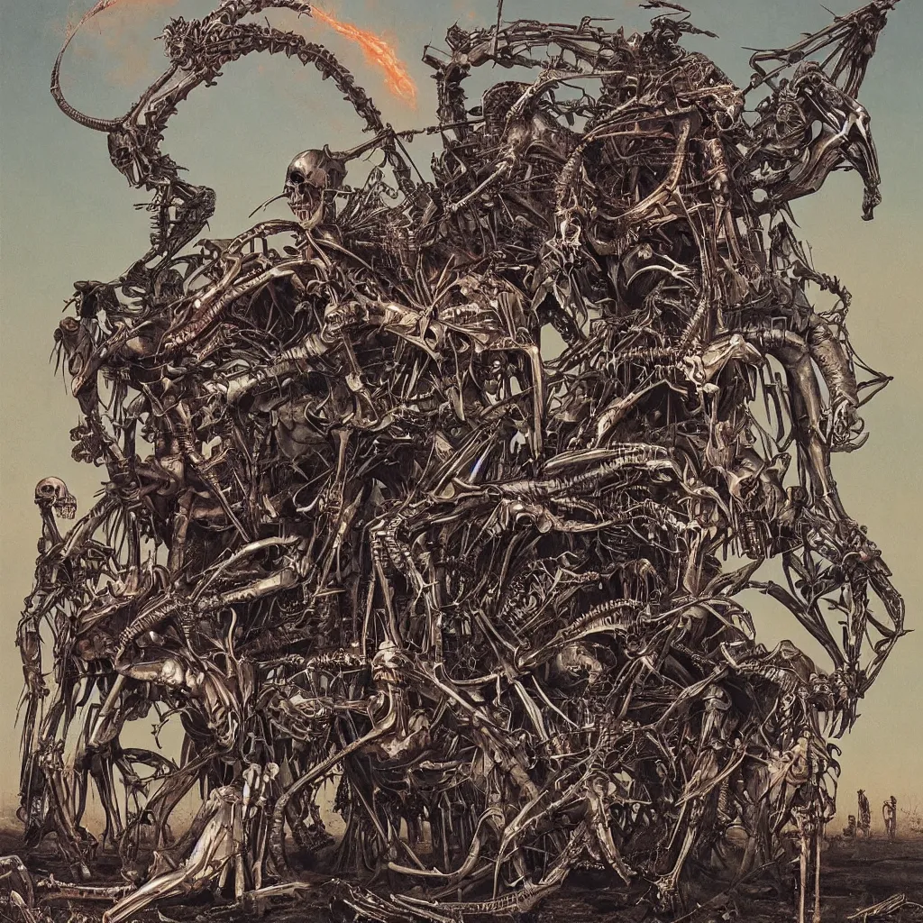 Image similar to metal album cover flaming chrome eagle skeleton wayne barlowe h. r. giger simon stalenhag