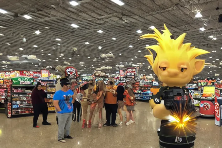 Prompt: giant using laser eyes to explode buc-ee's