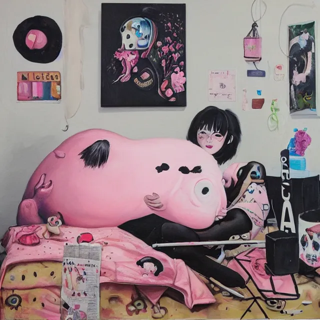 Image similar to a portrait in a female artist's bedroom, black walls, emo girl riding an inflatable pig, sheet music, berries, surgical supplies, pancakes, black flowers, sensual, octopus, neo - expressionism, surrealism, acrylic and spray paint and oilstick on canvas