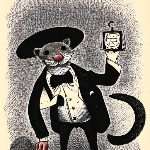 Image similar to a full portrait of a jaunty ferret with a monocle by edward gorey