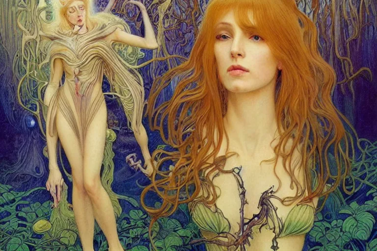 Image similar to realistic detailed portrait painting of a beautiful ghost woman with blond hair with an alien, futuristic sci-fi forest on background by Jean Delville, Amano, Yves Tanguy, Alphonse Mucha, Edward Robert Hughes, Roger Dean, rich moody colours, blue eyes