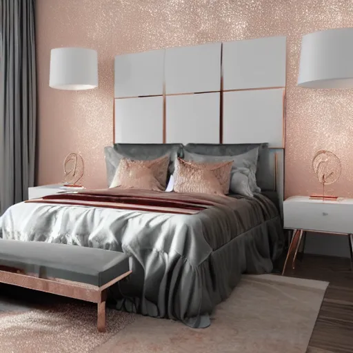 Prompt: 3 d render of white bedroom with rose gold metallic accents