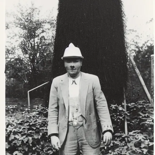 Prompt: vintage, black and white photograph of a man standing proudly next to a two - story - tall strawberry