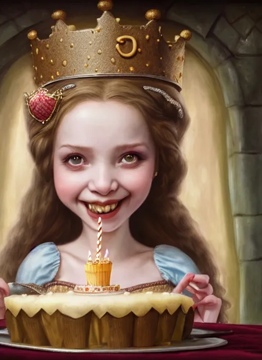 Image similar to highly detailed closeup portrait of a grinning fairytale medieval princess eating birthday cake, unreal engine, nicoletta ceccoli, mark ryden, lostfish, earl norem, global illumination, god rays, detailed and intricate environment