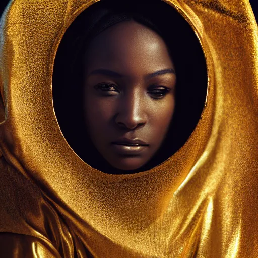 Prompt: a portrait of a young black woman wearing a long dark cloak, hood and shadows covering face, holding golden jewelry, oil painting, matte painting, black background, Volumetric Golden dappled dynamic lighting, Highly Detailed, Cinematic Lighting, Unreal Engine, 8k, HD, by Beksinski