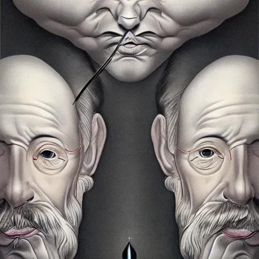 Prompt: a beautiful composition of deeply moving genius, flawless and incredible facial portraiture, depicting Father Time who has two faces and is regarding himself as if in the mirror; wondrous futuristic digital paint, by M. C. Escher
