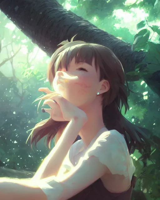 Image similar to a girl trying to eat a tree, full shot, atmospheric lighting, detailed face, by makoto shinkai, stanley artgerm lau, wlop, rossdraws