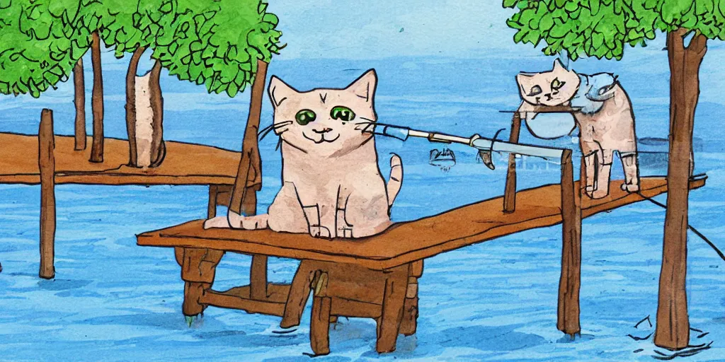 Image similar to cat sitting on the pier fishing, cartoon