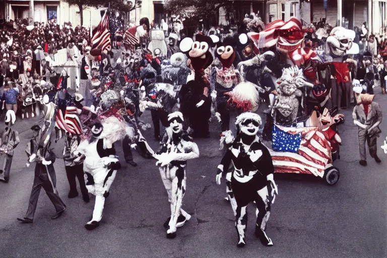Image similar to minimalist full color joel peter witkin photo of a 4 th of july parade, hr giger, mapplethorpe, disney, muppets, cronenberg