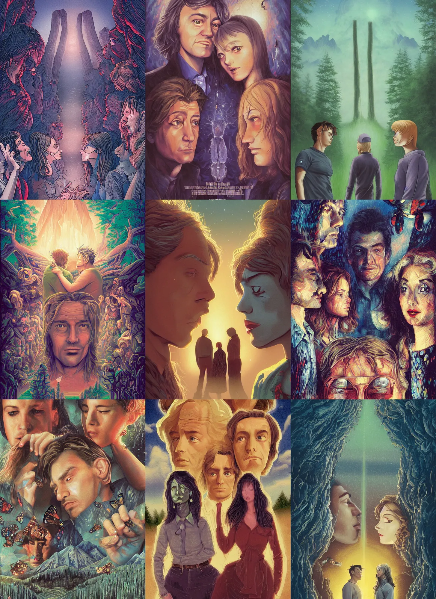 Prompt: Twin Peaks Buddy Movie poster artwork by T Wolf, P Cattaneo, S Baraldi, Artem Chebokha, at a music rave in stone henge, Rendering of a cinematic beautiful closeup moment of friends standing facing away from each other, Pensive Lonely I love you moth man butterfly woman, full of details, by Makoto Shinkai and thomas kinkade, Matte painting, trending on artstation and unreal engine