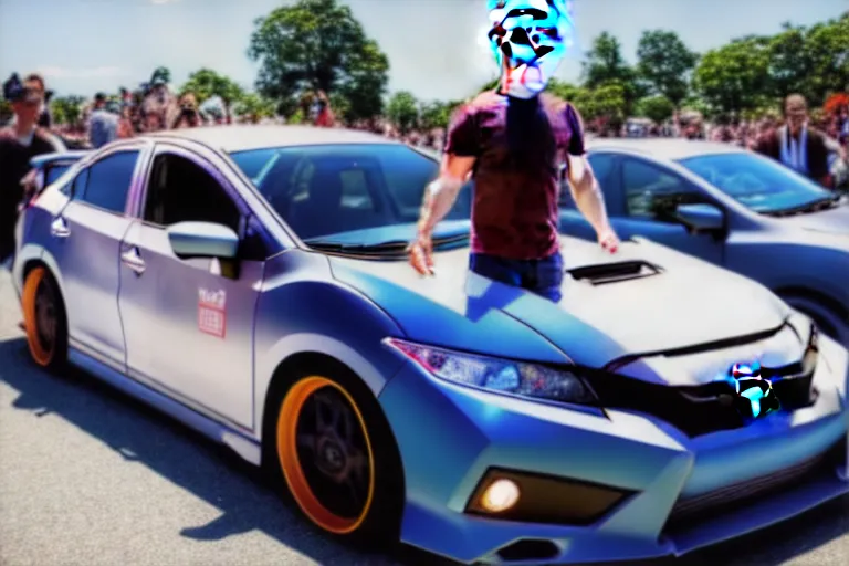 Prompt: mark Zuckerberg and his anime wrapped honda civic at a car show