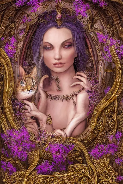 Prompt: elaborately hyperdetailed illustration of an extremely beautiful regal witch in a library with her cat, eerie mist and ethereal pink flowers, Aetherpunk, atmospheric lighting, high fantasy digital art painting, smooth, sharp focus, highly detailed illustration highlights, backlight, golden ratio, 8K detail post-processing, symmetrical facial features, rich deep moody colors, award winning picture, Daily Deviation on DeviantArt, trending on cgsociety, featured on ArtstationHQ, very coherent symmetrical artwork, concept art, octane render, Unreal Engine, vibrant colors, smooth gradients