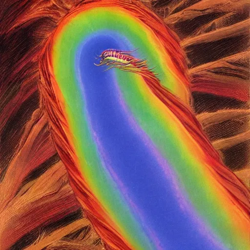 Image similar to a gigantic rainbow colored, iridescent, transparent centipede flying over a chasm, frills, fins, rainbow, antennae, dark, frank frazetta