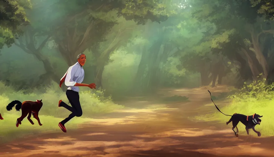 Prompt: Barack Obama running with a dog in the forest. Beautiful anime lush forest background. Golden hour. Trending on art station