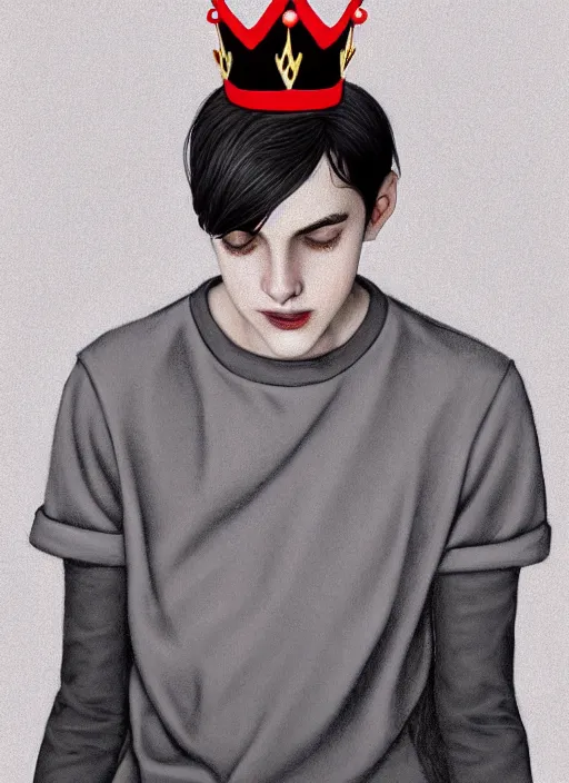 Image similar to portrait of teenage jughead jones wearing a light grey crown, photorealistic, crown, crown with badges on it, crown with red and white pin badge, eyes closed, crown, black hair, intricate, elegant, highly detailed, digital painting, artstation, concept art, smooth, sharp focus, illustration, art by wlop, mars ravelo and greg rutkowski