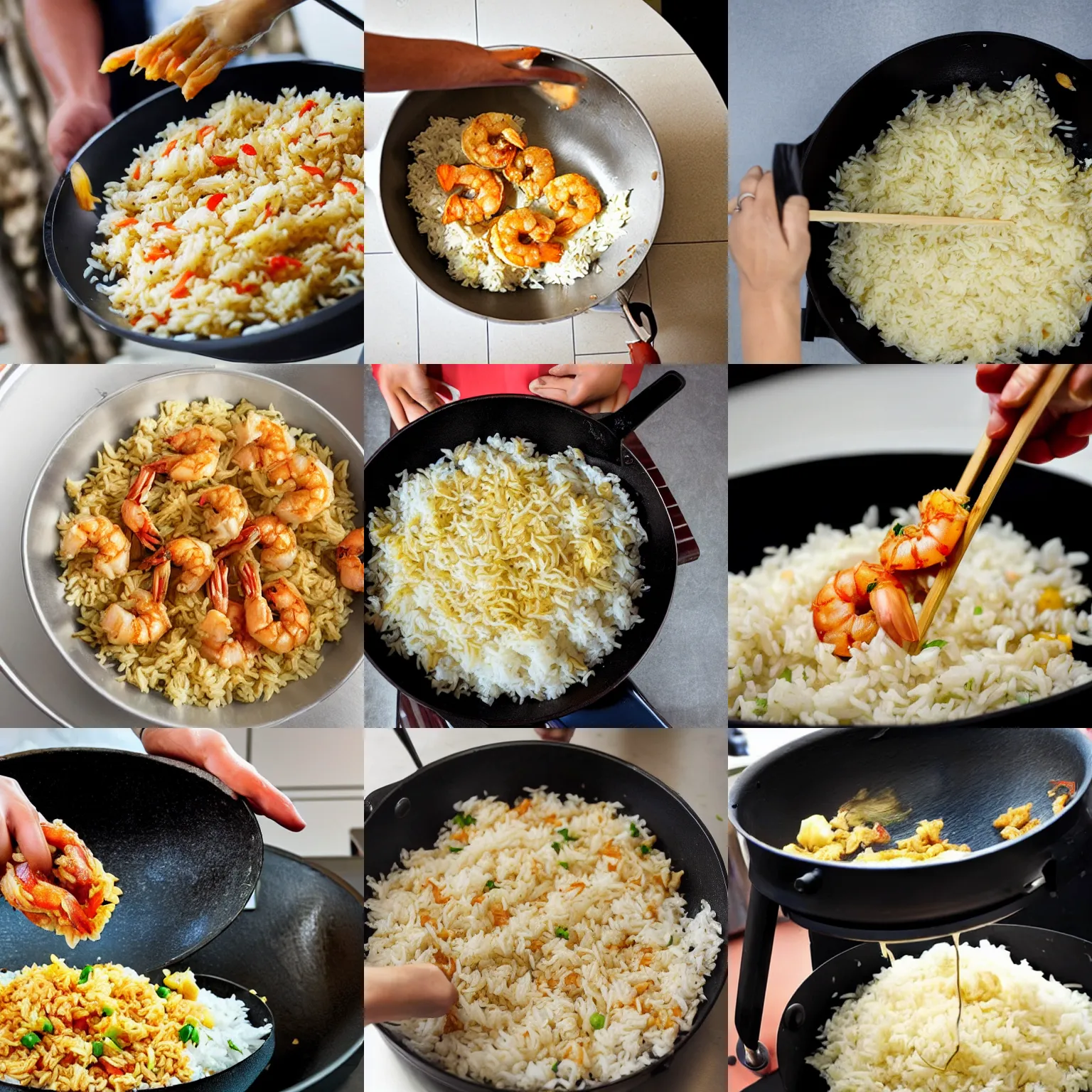 Prompt: shrimps frying rice in a man