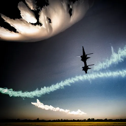 Image similar to cinematic areal shot magnetic field blowing fighter jets in the clouds