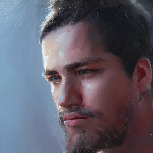 Image similar to emotionally cold man, concept art oil painting, portrait ethereal by jama jurabaev, extremely detailed, brush hard, medium, artstation