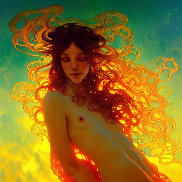 Image similar to mind bending ocean waves of glossy liquid psychedelic honey drops flowing like psychedelic translucent amber, lsd waves, lsd ripples, backlit, sunset, refracted lighting, art by collier, albert aublet, krenz cushart, artem demura, alphonse mucha