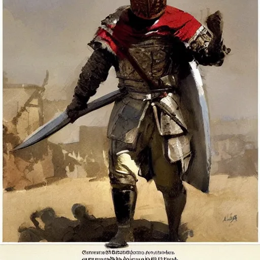 Image similar to man wearing gambeson and medieval helmets, swining sword, fighting, detailed by greg manchess, craig mullins, bernie fuchs, walter everett