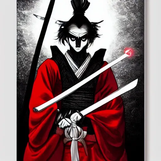 Image similar to samarai cloaked in white with swords, standing in light beam of a dark cave, ruby red sorrow, high quality, ultra detail,