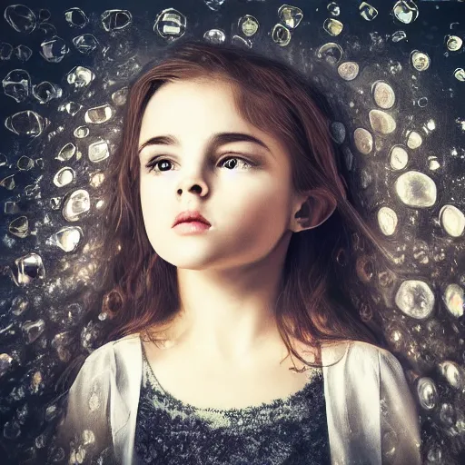 Image similar to beautiful girl's face seen through a transparent crystal, masterpiece portrait, dramatic lighting, 8k