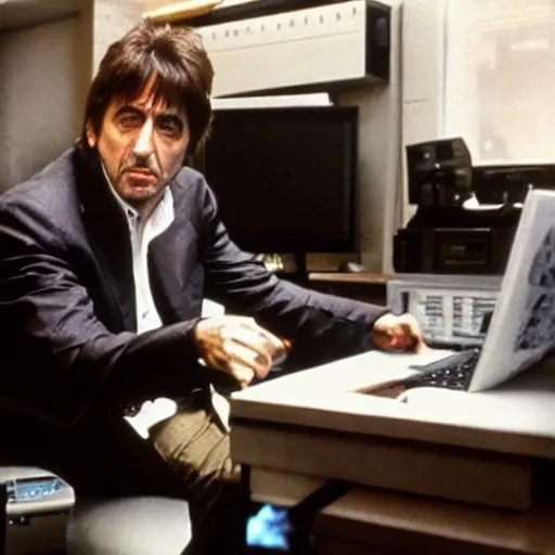 Image similar to al pacino as scarface playing video games at his desk, with a mountain of cocaine nearby