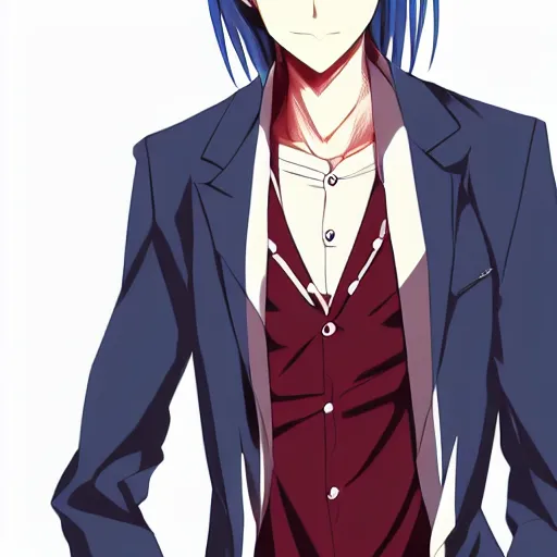 Prompt: Tall anime guy with blue eyes, blue hair wearing bordeaux shirt and white elegant jacket drawn in the style of Nanashi manga author