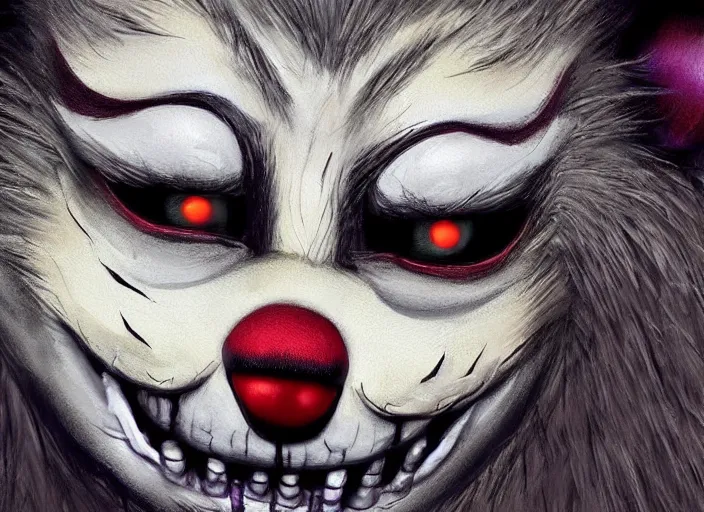 KREA - award - winning detailed concept art of a creepy clown fnaf  animatronic puppet anthropomorphic raccoon character wearing clown makeup  face paint. art by wlop on bcy. net, realistic. detailed fur